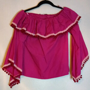 INA Off Shoulder Ruffled Pom Pom Trim Top Pink Asymmetrical Slueeve Size M